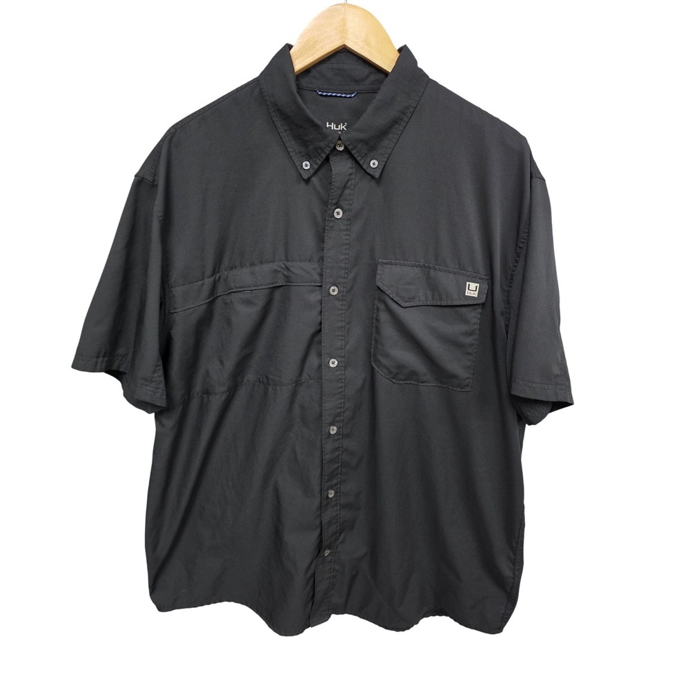 Huk Fishing Shirt Men XL Black Short Sleeve Button Down Performance Angler Gear